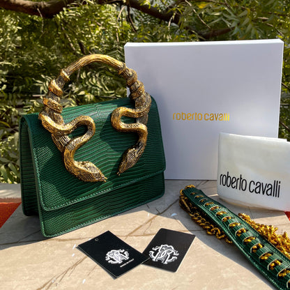 ROBERTO CAVALLI Women Bag – Borsa Bordeaux Con Serpenti | Premium Medium Shoulder & Hand Carry (Green)