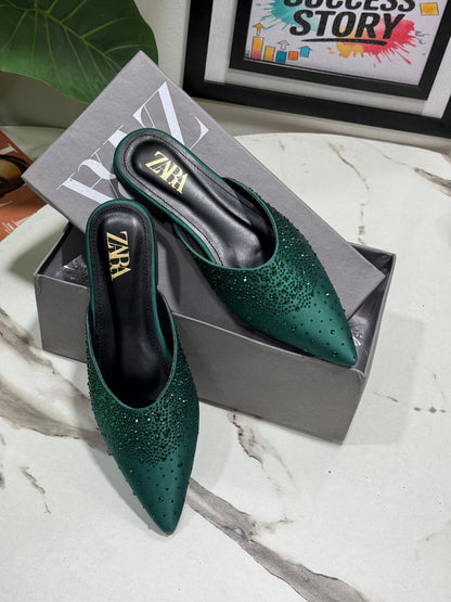 ZARA STONE FLAT – Women Rhinestone Slippers (Green)