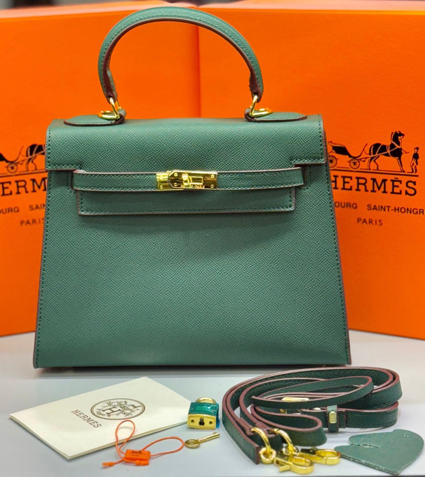HERMÈS KELLY SELLIER 25CM – Women Bag | Luxury Leather Top Handle & Shoulder Bag (Sea Green)