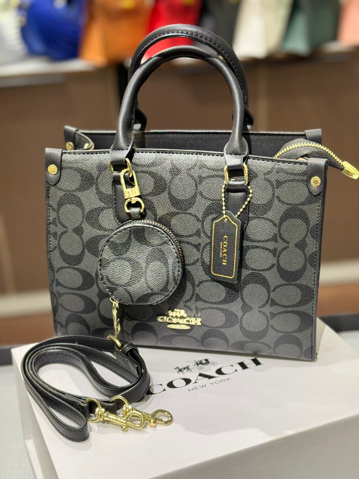 C-O-A-C-H Maggie Small Tote Women Bag – Blocked Signature Canvas (Grey Black)