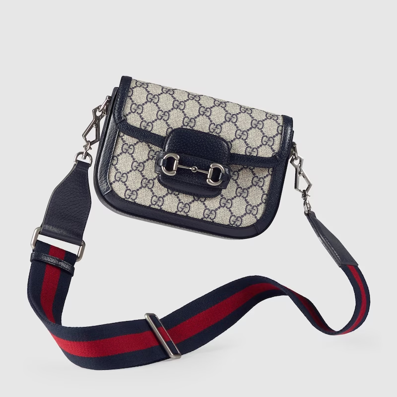 GUCCI Horsebit Mini Women's Bag in Blue and Beige GG Supreme Canvas (Blue)