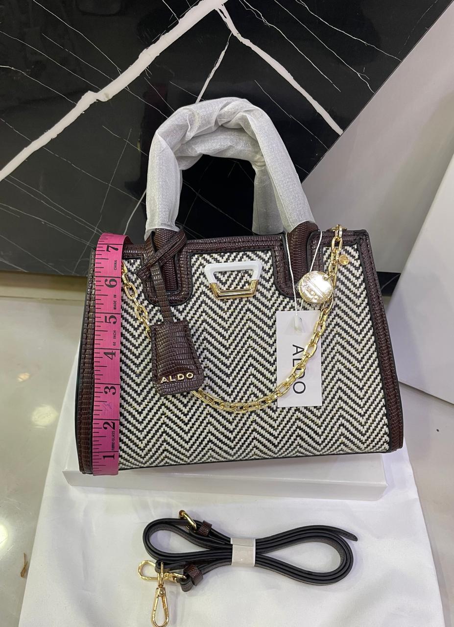 A-L-D-O Premium Handbags Women Bag – (Black & White diagonal striped woven pattern)