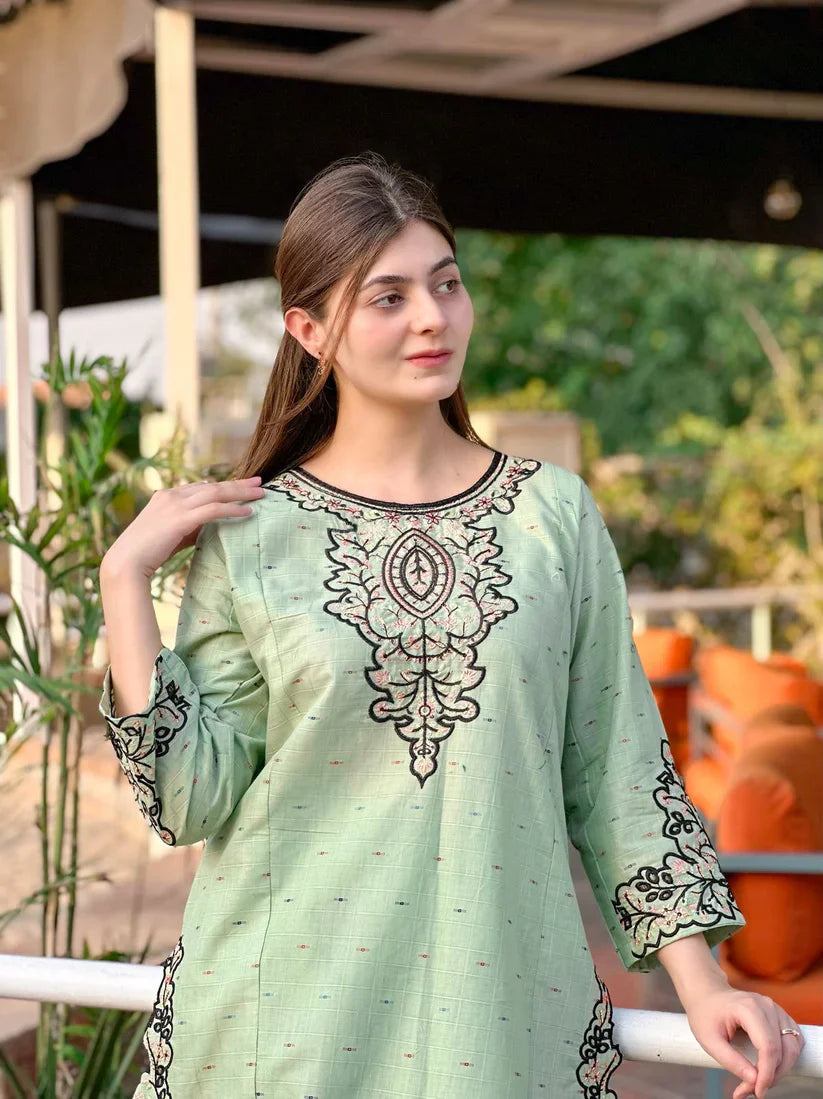 " AZLIN " 2Pcs Stitched Embroidered Dress (Light Green)