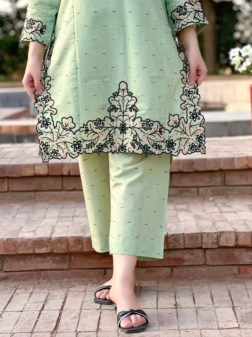 " AZLIN " 2Pcs Stitched Embroidered Dress (Light Green)