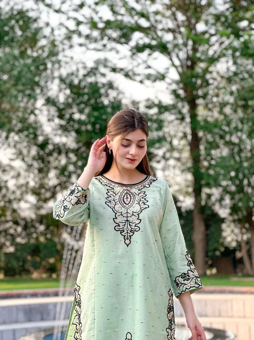 " AZLIN " 2Pcs Stitched Embroidered Dress (Light Green)