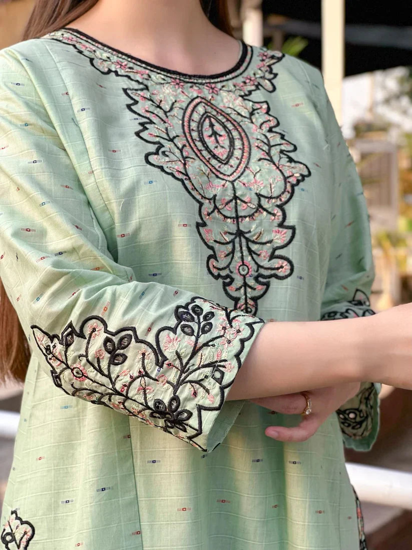 " AZLIN " 2Pcs Stitched Embroidered Dress (Light Green)