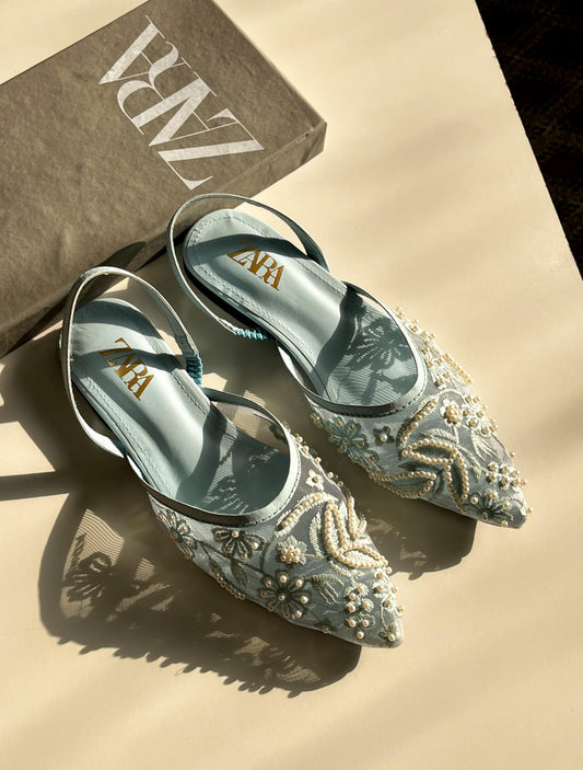 Z-A-R-A EMBROIDERY NET FLAT PUMP – WOMEN SHOES (Light Blue)