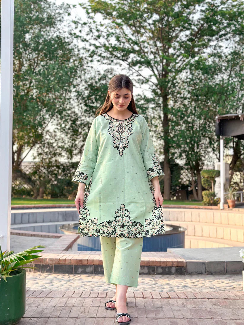 " AZLIN " 2Pcs Stitched Embroidered Dress (Light Green)