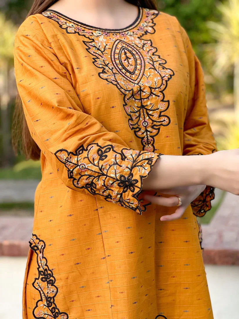 " AZLIN " 2Pcs Stitched Embroidered Dress (Mustard)