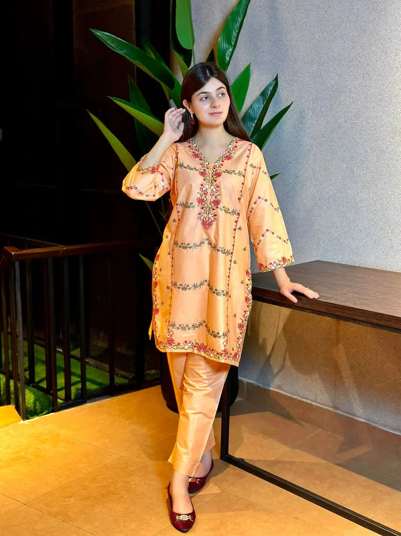 " EMIRE " 2Pcs Stitched Embroidered Suit (Light Peach)