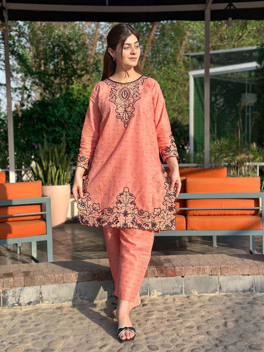 " AZLIN " 2Pcs Stitched Embroidered Dress (Baby Pink)