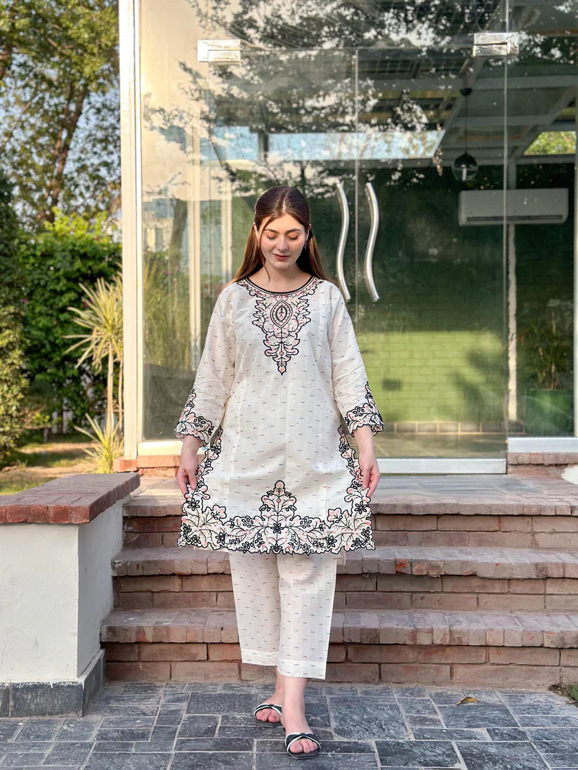 " AZLIN " 2Pcs Stitched Embroidered Dress (White)