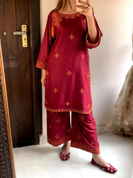 Desi Core Embroidery 2Pcs Stitched (Red)