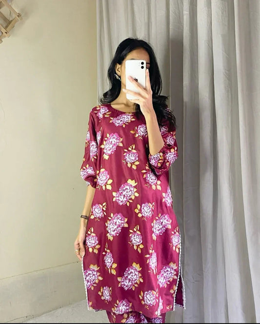 Flower Print 2Pcs Stitched (Mehroon)