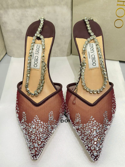 JIMMY CHOO SAEDA 100 CRYSTAL MESH PUMPS – Women Heels (Maroon Silver)