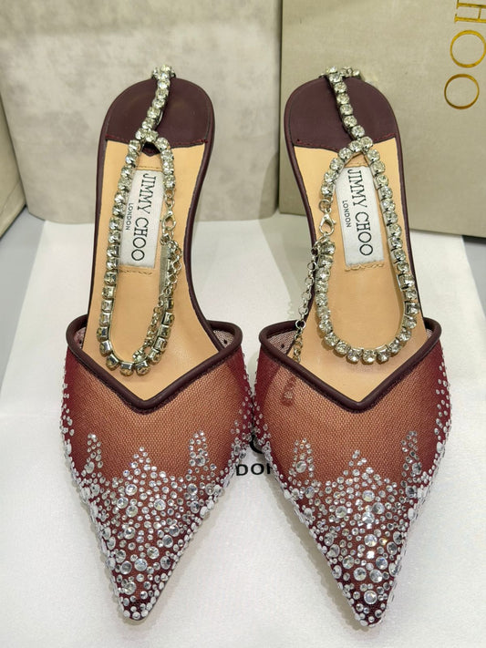 JIMMY CHOO SAEDA 100 CRYSTAL MESH PUMPS – Women Heels (Maroon Silver)