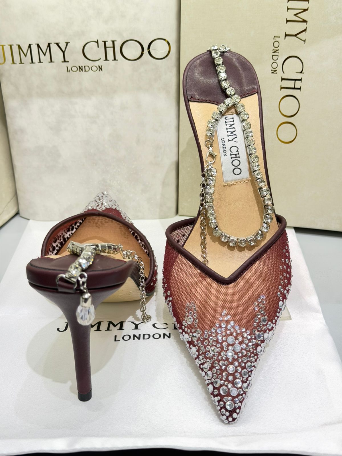 JIMMY CHOO SAEDA 100 CRYSTAL MESH PUMPS – Women Heels (Maroon Silver)