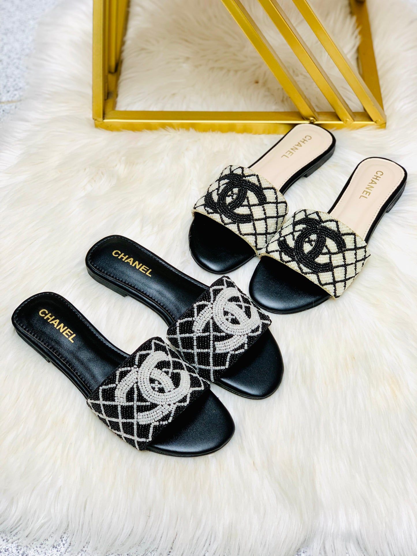 CHANEL Embroidered Pearl Slippers – Women Flat Slippers (Re_Stock) (Fawn)