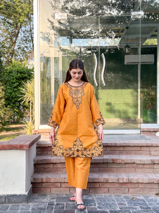 " AZLIN " 2Pcs Stitched Embroidered Dress (Mustard)