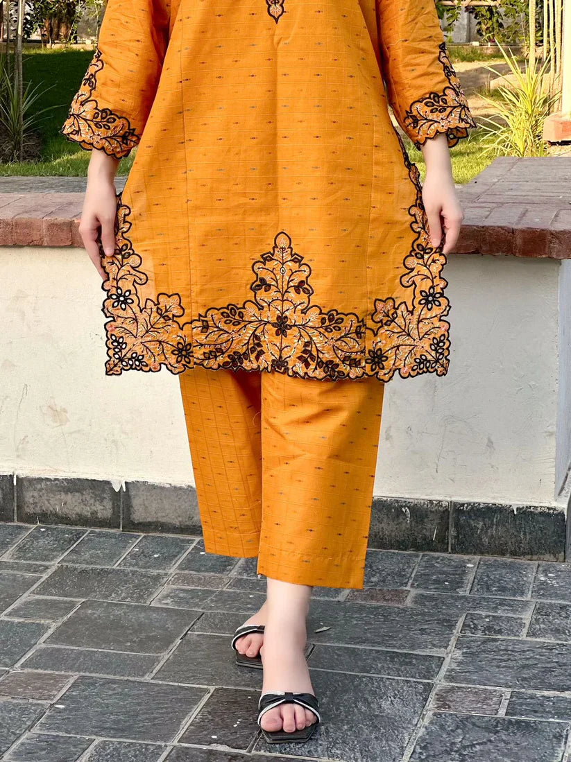 " AZLIN " 2Pcs Stitched Embroidered Dress (Mustard)