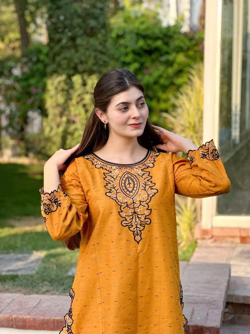 " AZLIN " 2Pcs Stitched Embroidered Dress (Mustard)