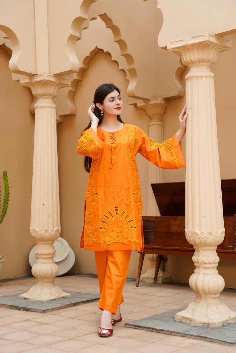 " NERMINE " 2Pcs Stitched Embroidered Dress (Orange)