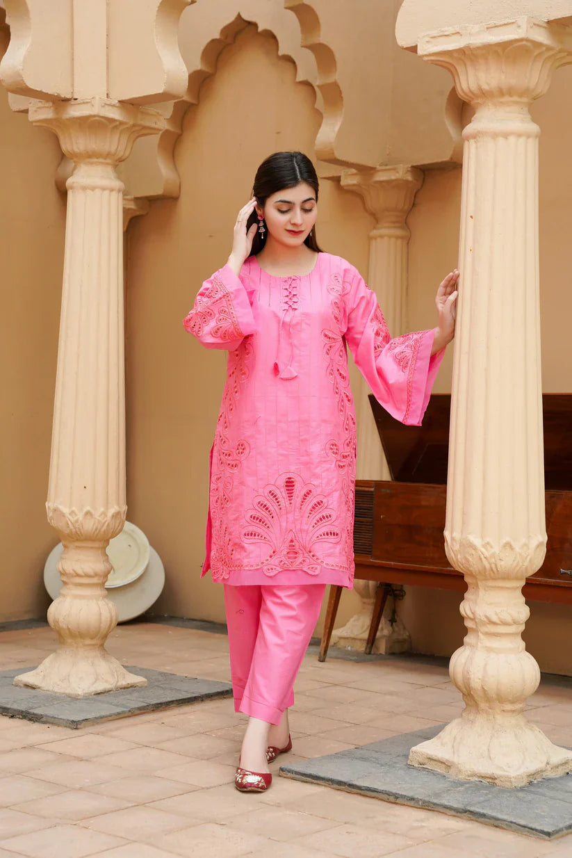 " NERMINE " 2Pcs Stitched Embroidered Dress (Pink)