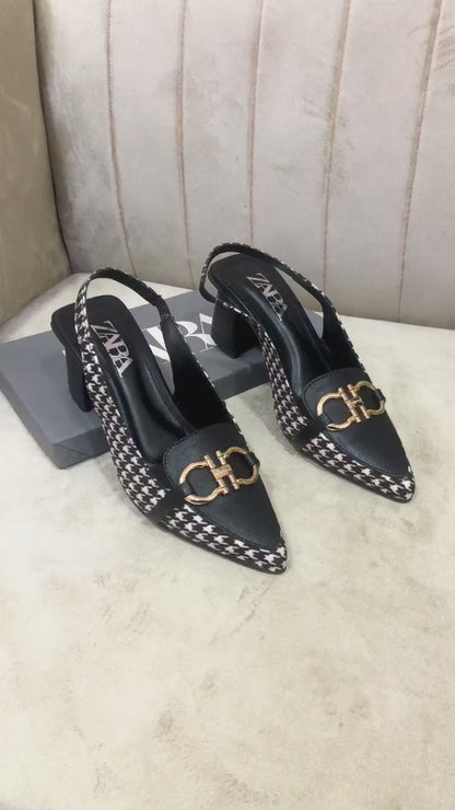 Zara Check Block Heel - Stylish Women’s Footwear  (Black)