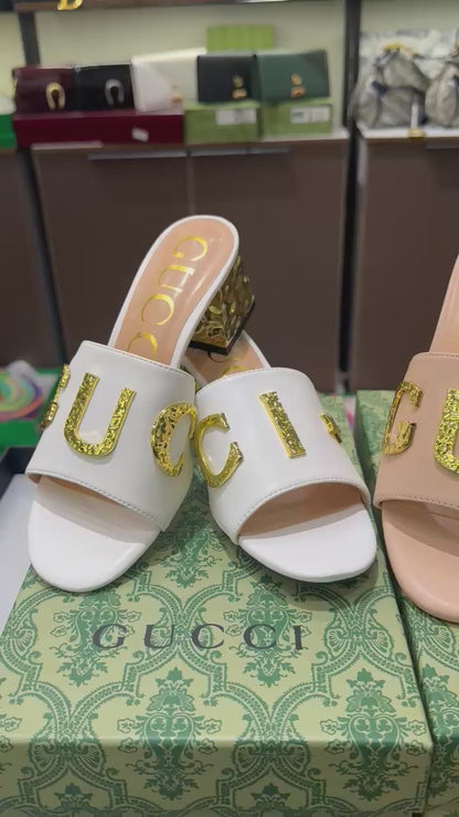 GUCCI Heeled Sandals with Gold-Tone Logo – Premium Quality (Golden)