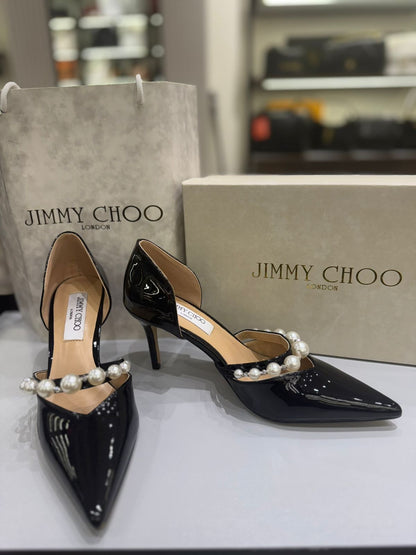 J-I-M-M-Y C-H-O-O AURELIE 85 PEARL-EMBELLISHED HEEL PUMPS – WOMEN SHOES (Black Shine)