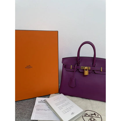 Hermes Birkin 25 Leather Gold Hardware Handbag Bag for Women (Purple Matt)