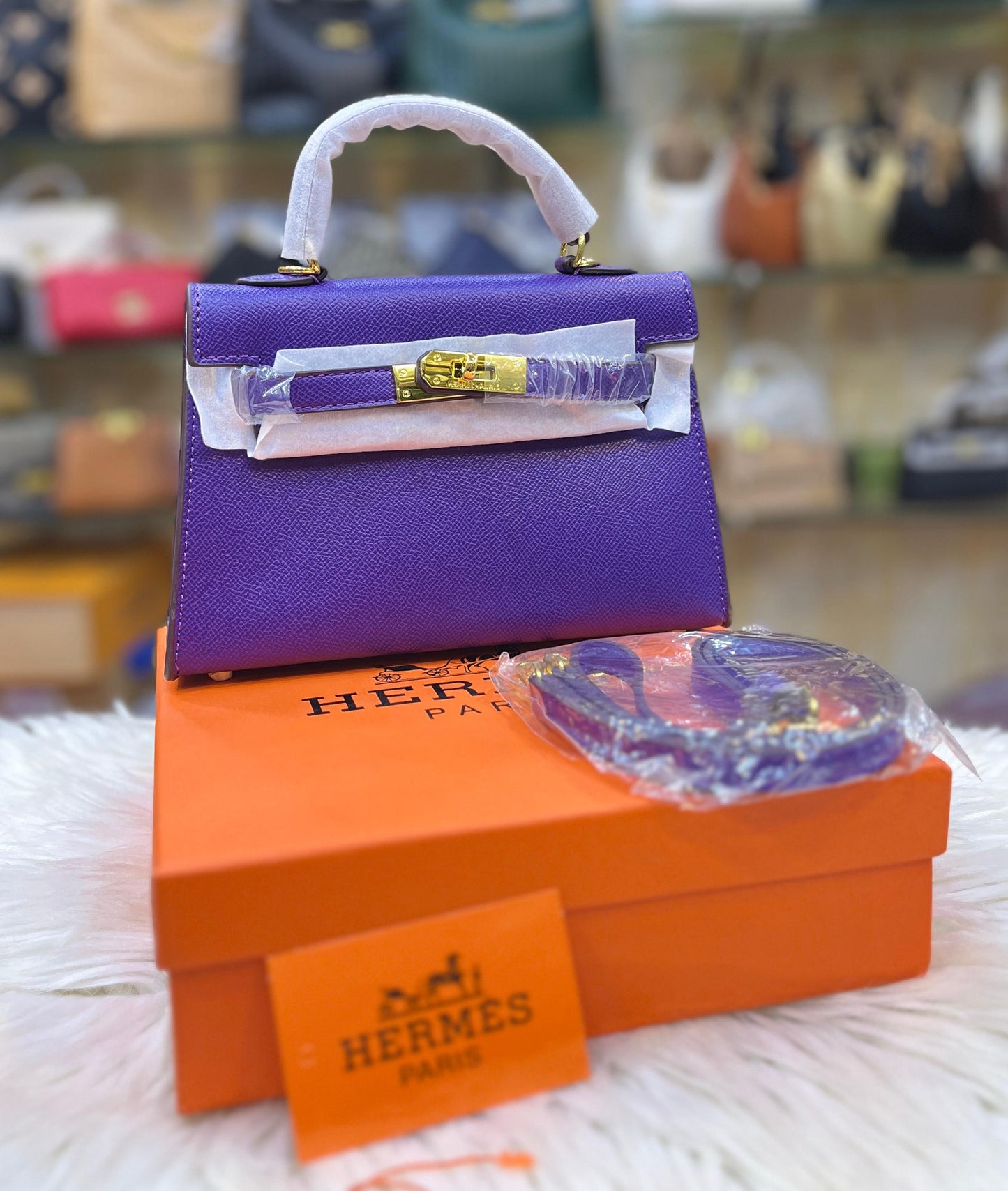 HERMÈS Kelly 20 Mini Women Bag – Elegant PU Leather | Premium Quality with Box & Dust Bag (Purple)
