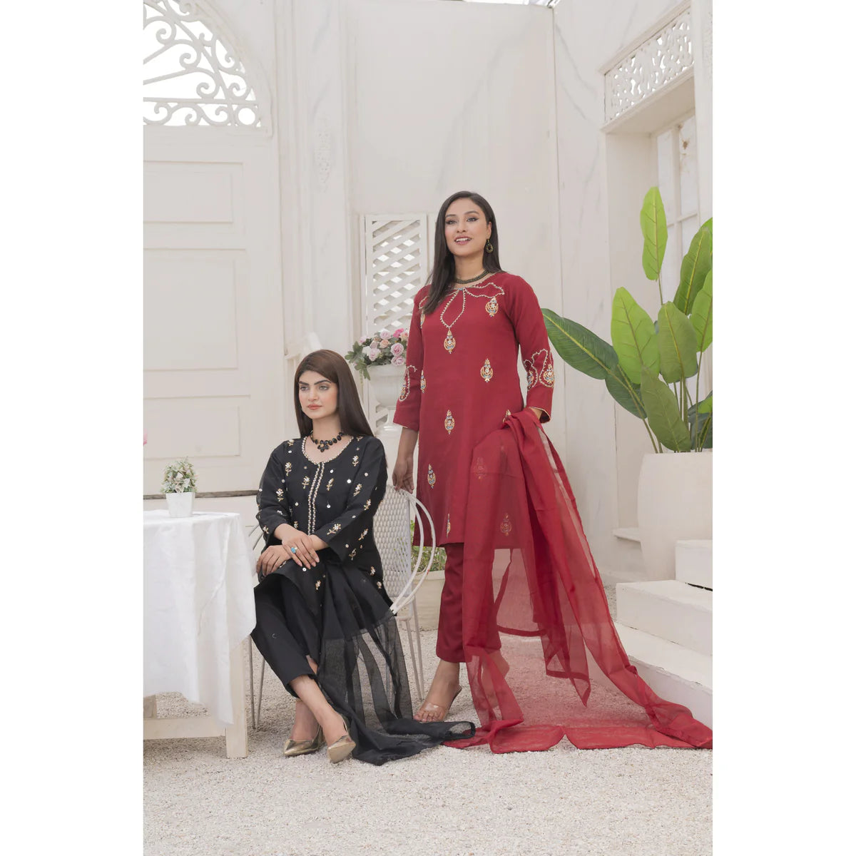 Handmade Neckline Stitched 3-pc (Mehroon)