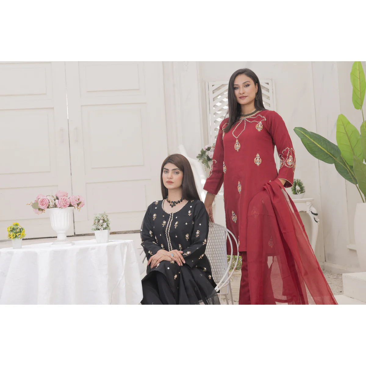Handmade Neckline Stitched 3-pc (Mehroon)