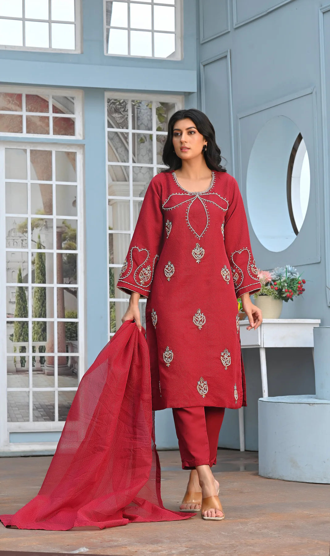 Flover Neckkline Stitched 3-pc (Mehroon)