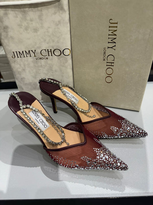 JIMMY CHOO Aurelie 85 Pearl-Embellished Heel Pumps – Premium Women Heel Pumps (Maroon)