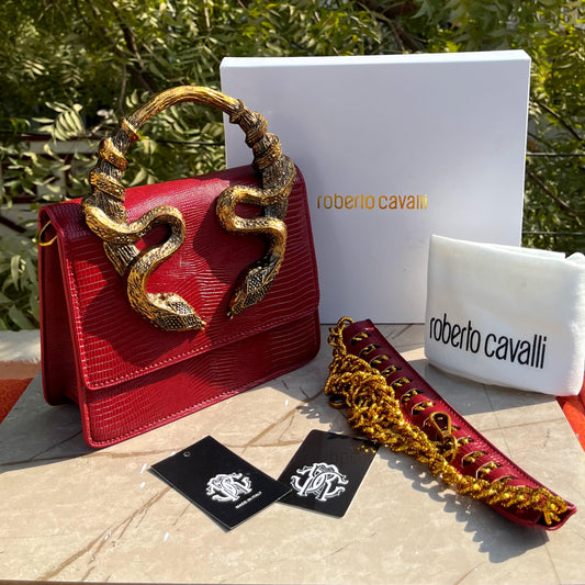ROBERTO CAVALLI Women Bag – Borsa Bordeaux Con Serpenti | Premium Medium Shoulder & Hand Carry (Red)
