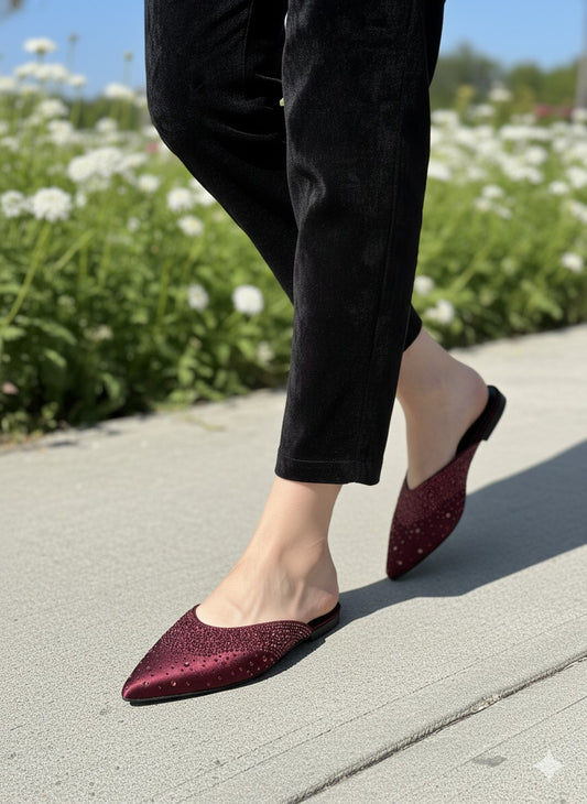 ZARA STONE FLAT – Women Rhinestone Slippers (Red)