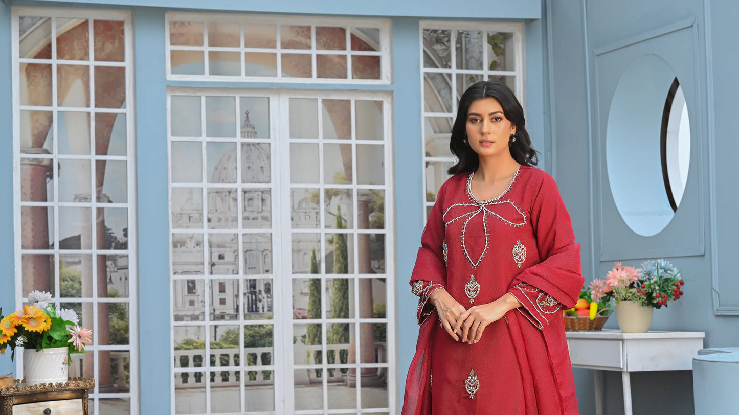 Flover Neckkline Stitched 3-pc (Mehroon)