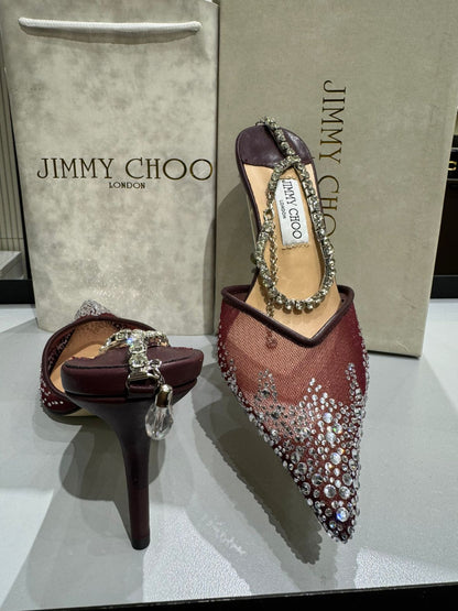 JIMMY CHOO Aurelie 85 Pearl-Embellished Heel Pumps – Premium Women Heel Pumps (Maroon)