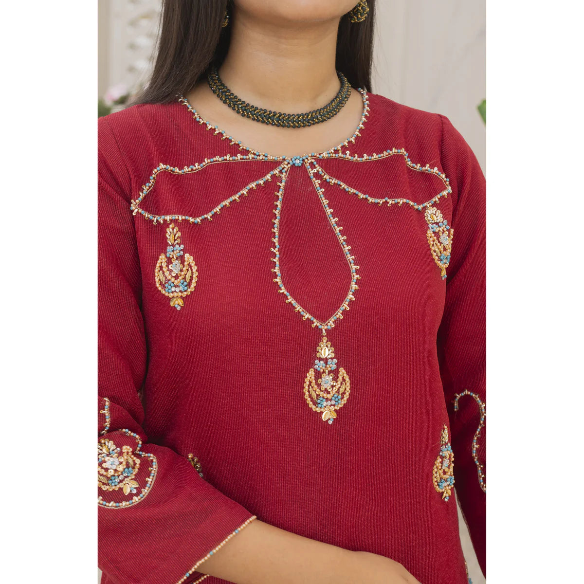 Flover Neckkline Stitched 3-pc (Mehroon)