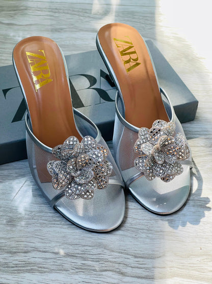 Z-A-R-A Flower Heels – New Arrival | Premium Quality | With Brand Box (Silver)