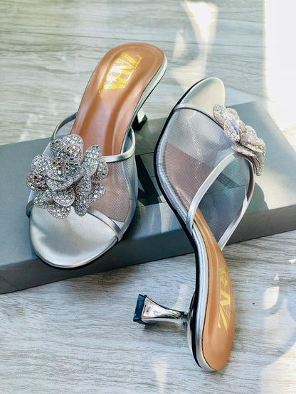 Z-A-R-A Flower Heels – New Arrival | Premium Quality | With Brand Box (Silver)
