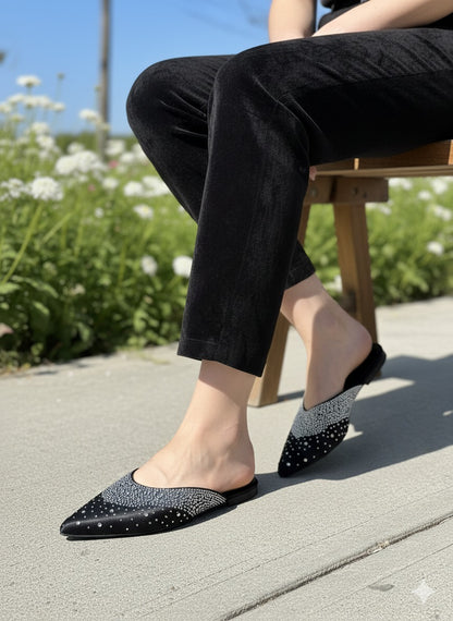 ZARA STONE FLAT – Women Rhinestone Slippers (Silver Black)