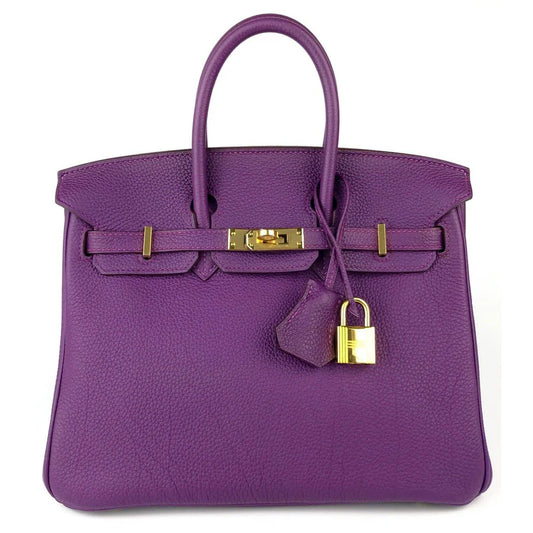 Hermes Birkin 25 Leather Gold Hardware Handbag Bag for Women (Purple Matt)