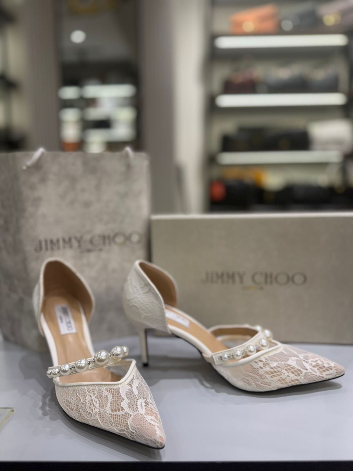 J-I-M-M-Y C-H-O-O AURELIE 85 PEARL-EMBELLISHED HEEL PUMPS – WOMEN SHOES (Silver White)