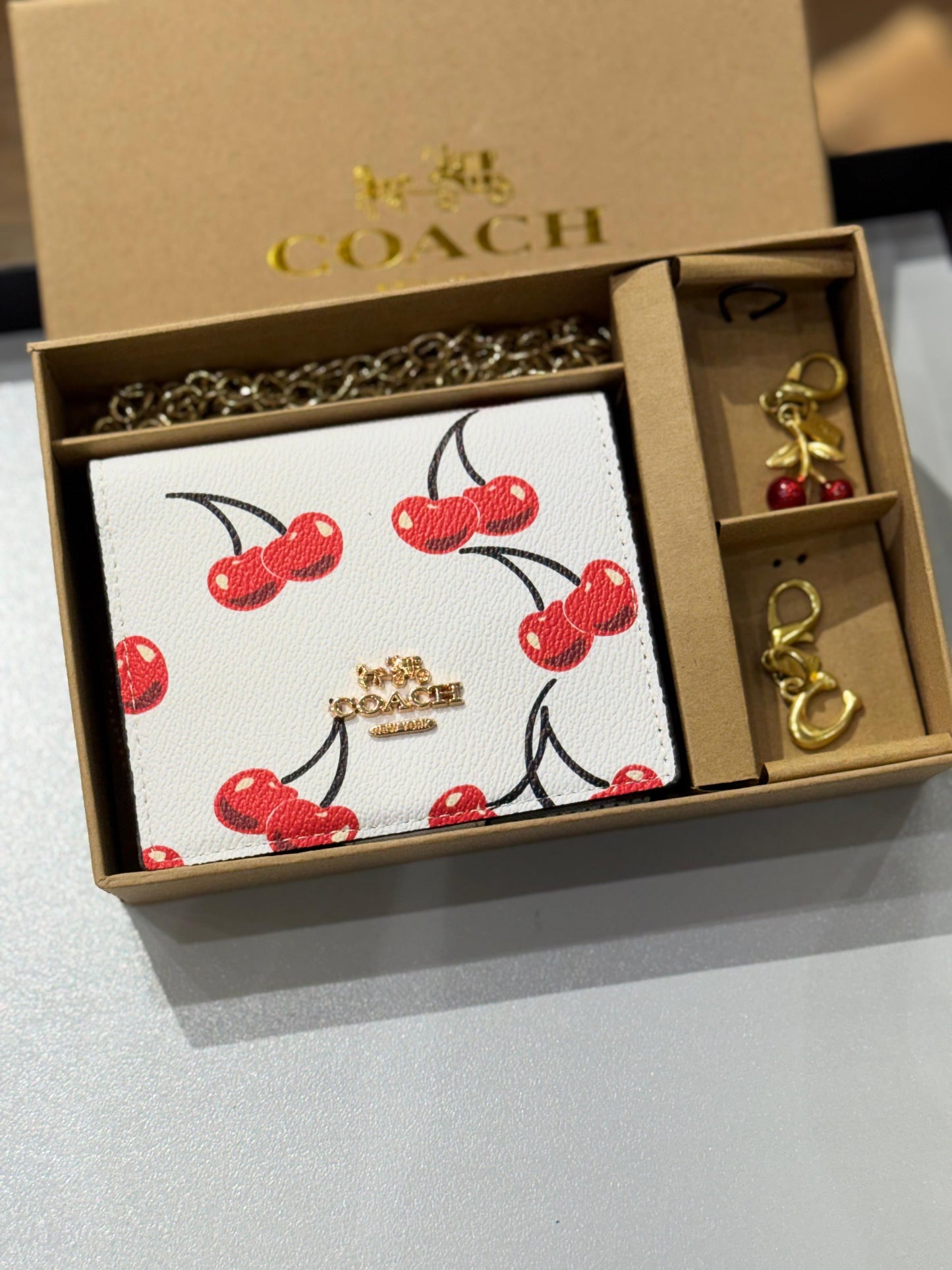 C-O-A-C-H BOXED MINI WALLET ON A CHAIN – Women Bag (White & Red)