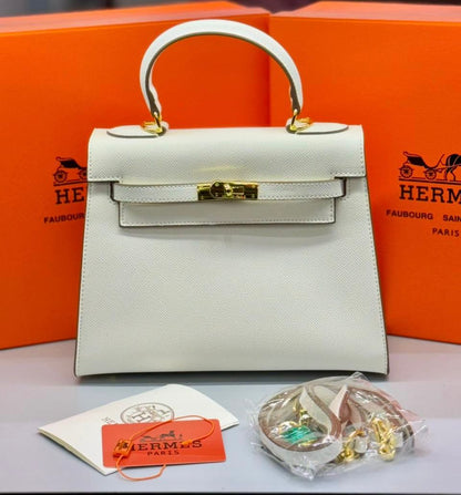 HERMÈS KELLY SELLIER 25CM – Women Bag | Luxury Leather Top Handle & Shoulder Bag (White)
