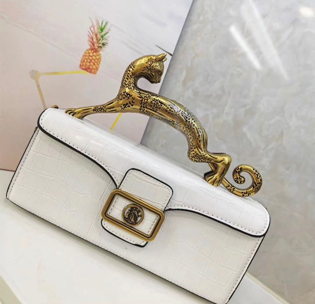 L-A-N-V-I-N Women’s Rateau Pencil Cat Leather Shoulder Bag – Luxury Mini Handbag (White)