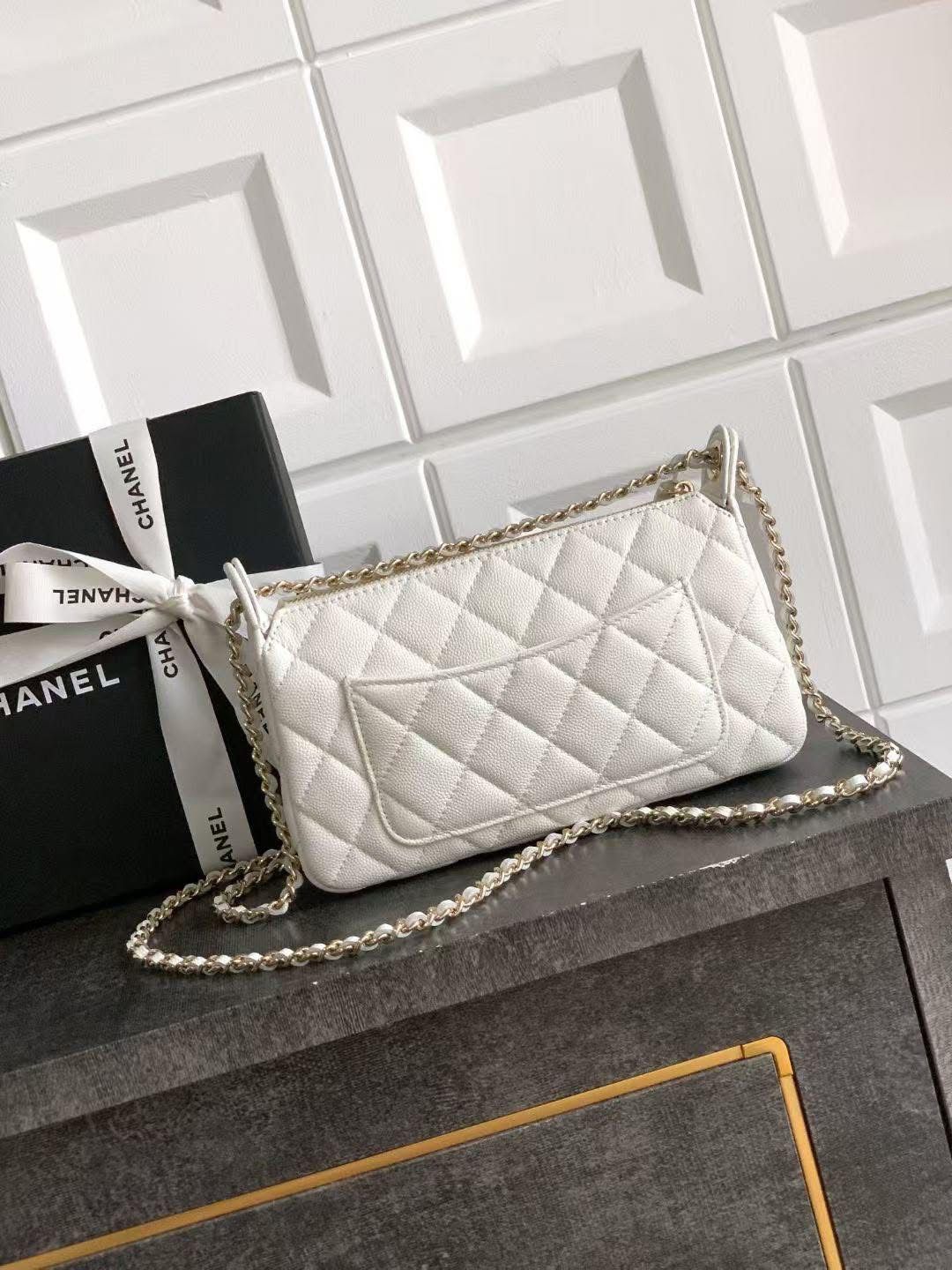 C-H-A-N-E-L 25A Double Chain Bag – Caviar Leather Women Shoulder Bag with GHW (White)